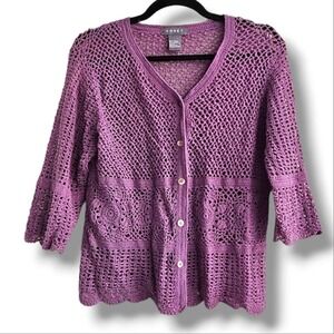 Koret Purple Open Knit Button Down 3/4 Sleeves Bohemian Cardigan Size Large